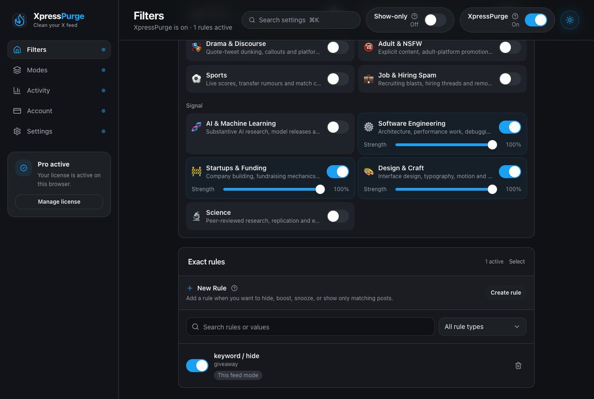 Filters: strictness, Smart topics, packs